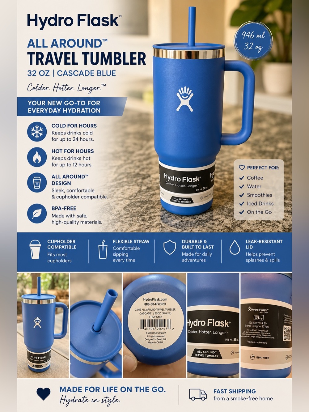 NEW Hydro Flask 32 oz All Around Travel Tumbler Cascade Blue with Straw
